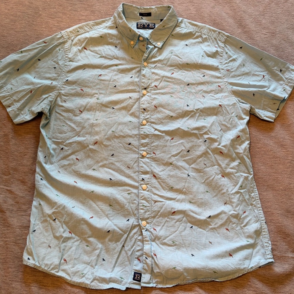 Hawker Rye Mens Slim Fit Short Sleeve Bird Print Cotton Button Down Shirt Blue